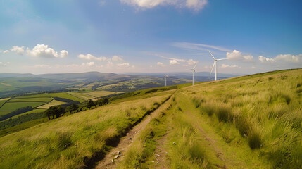 View of wind turbines on a grassy hill with a dirt path under a blue sky and distant green landscape .