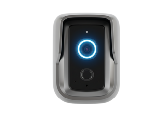 Modern home security camera system illuminated with blue ring and sleek design for surveillance