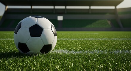 Fototapeta premium Piłka nożna na boisku z bliska, stadion w tle, przedstawiająca sportową pasję i ducha rywalizacji w wydarzeniach sportowych