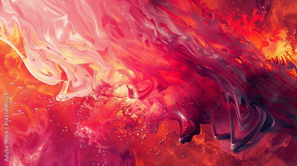Poster dynamic abstract composition of red and orange hues with fluid shapes and light effects