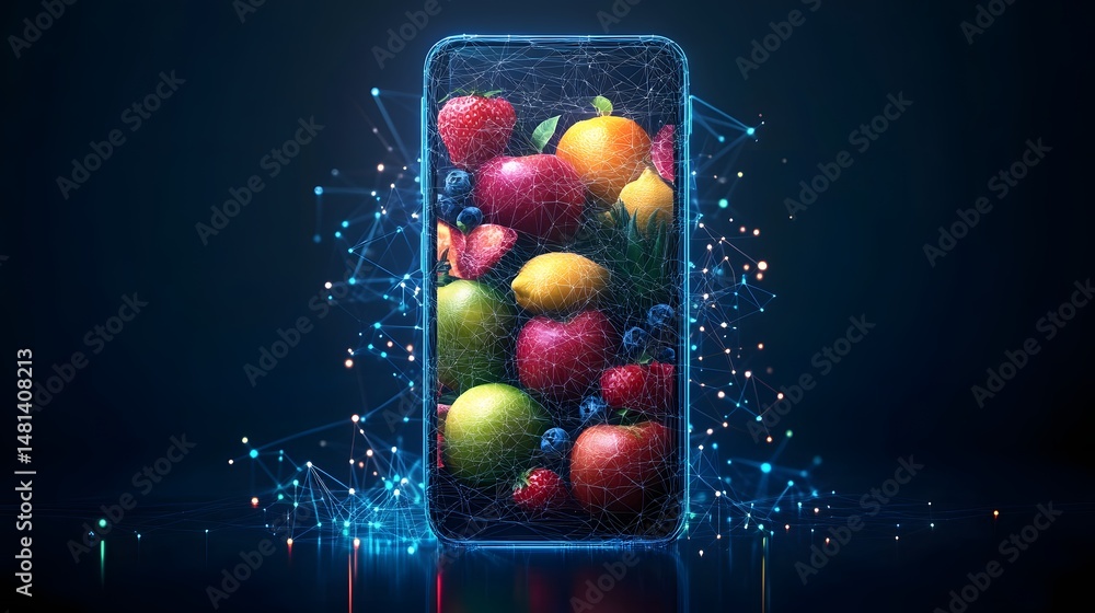 Leinwandbilder vibrant fruits burst from a glowing smartphone screen, a fusion of nature and technology. freshness 