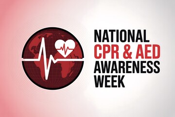 National cpr and aed awareness week graphic with heart and ekg line on a red earth background