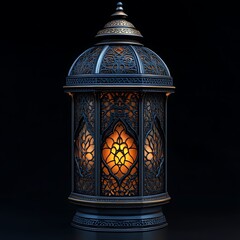 Ornate lantern with intricate design.  Illuminated with warm glow
