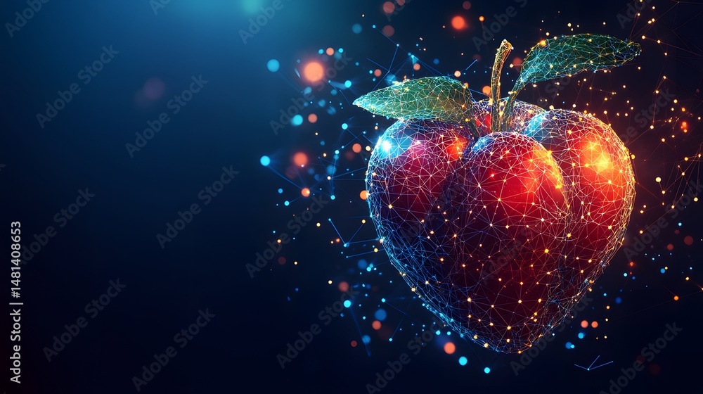 Poster futuristic low-poly apple design on a dark blue background with bokeh. the red apple glows, and its 