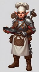 Fototapeta premium A fantasy character wearing armor and a chef's hat holding a frying pan in his left hand