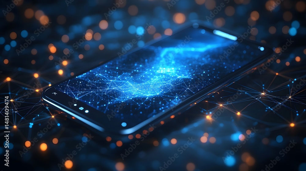 Leinwandbilder Smartphone displaying a blue network pattern, symbolizing connectivity and innovation. Bokeh lights create a futuristic atmosphere, perfect for tech backgrounds. Abstract wireframe in dark blue.