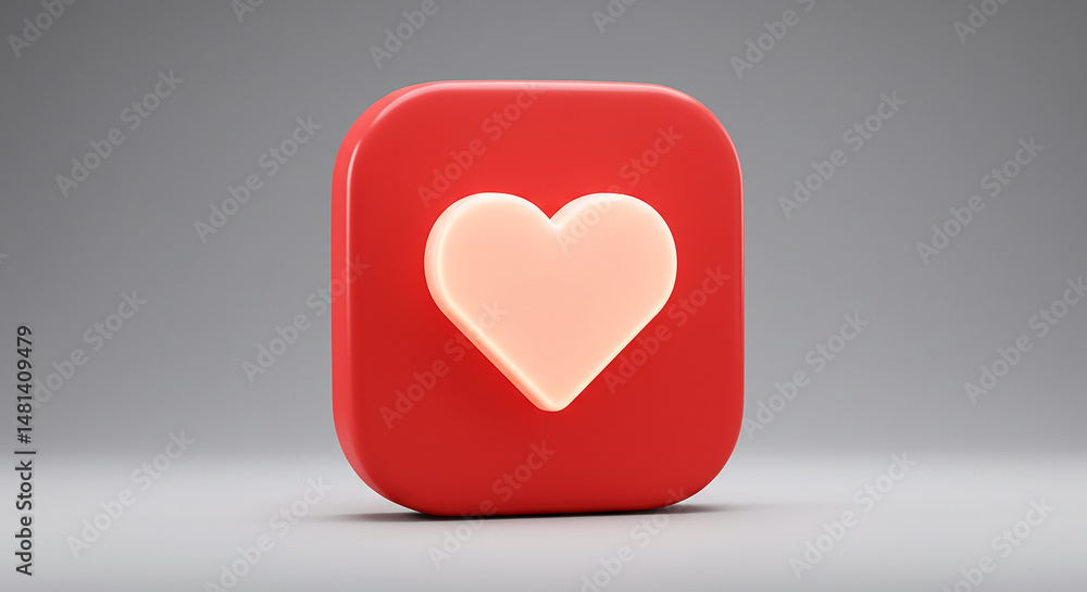 Aufkleber peach heart symbol is glowing on red rounded square icon