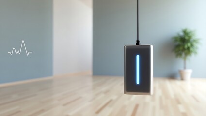 Modern minimalist smart home device with digital interface and ekg symbol in a room setting