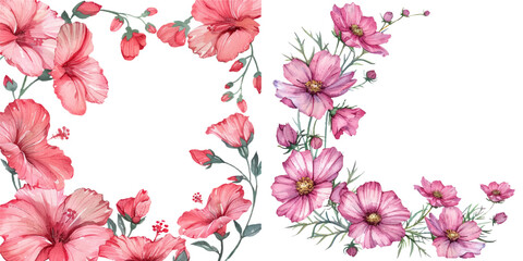 pink flowers frame border watercolor vector illustration