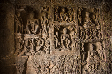 Detail of stone carving inside Aurangabad Buddhist Caves