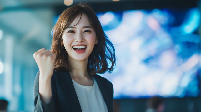 イベント会場で成功を喜ぶ女性リーダー