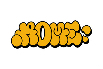 Graffiti throw-up “Rome” in bold yellow bubble letters with black outline on white background. Urban street style with vibrant colors, perfect for posters, streetwear, and digital artwork.
