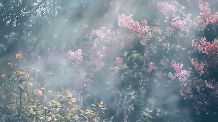 Ethereal Misty Floral Scene Featuring Soft Pink Blossoms and Gentle Light