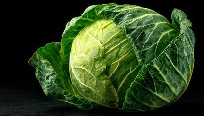 Obraz premium Fresh green cabbage with crisp leaves on a dark background.