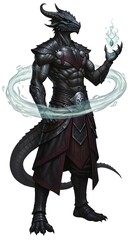 A dragonborn sorcerer casting a spell with a glowing amulet and swirling magical energy around him