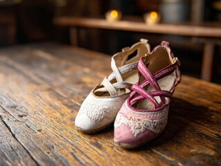 Elegant vintage shoes with intricate designs on a wooden surface.