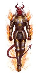 A female tiefling warrior in full plate armor surrounded by flames on a white background illustration