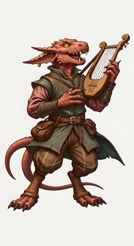 A red kobold standing playing a lyre with a green tunic and brown pants on a white background art