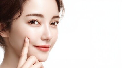 ほくろを指さす女性の顔のアップ