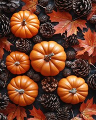 Autumnal gourds and pinecones arranged on dark surface