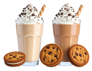 Two delicious milkshakes topped with whipped cream and chocolate chips.  Freshly made, creamy, and cool