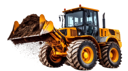 A large front loader transports sand in a bucket at a construction site. Transportation of bulk materials. Rental of construction equipment. Isolated loader on a white background. Ai Generated Images