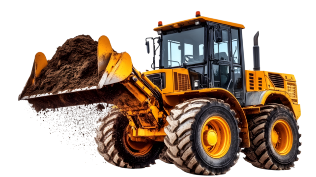 A large front loader transports sand in a bucket at a construction site. Transportation of bulk materials. Rental of construction equipment. Isolated loader on a white background. Ai Generated Images
