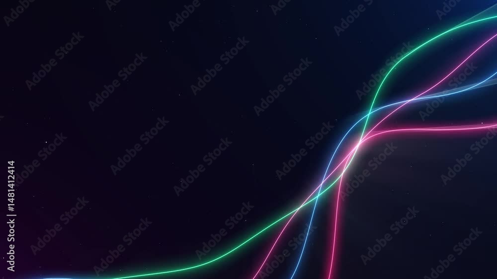 Poster abstract flowing laser beam lines or neon lines in data technology style on black background.