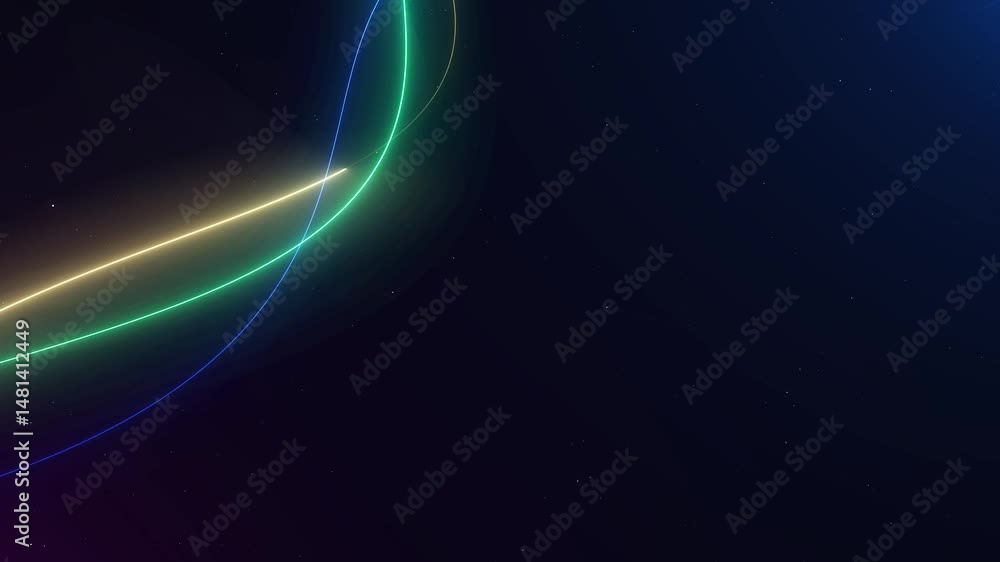 Poster abstract flowing laser beam lines or neon lines in data technology style on black background.