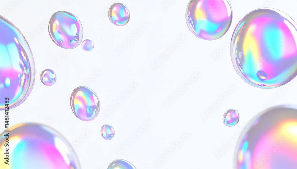 Poster colorful soap bubbles float against a light backdrop, showcasing iridescent patterns and reflections