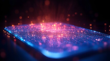 Futuristic display with glowing dots shifting from blue to red, concentrated at the center with emanating light beams. Bokeh effects create depth. Abstract wireframe in dark blue