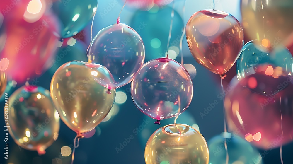 Poster floating colorful balloons against dark background with bokeh effect