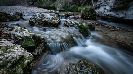 Flowing Water Cascade Over Rocks in a Forest Scene with Green Moss and Clear Water