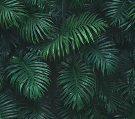 Fototapeta premium Overlapping palm leaves, vibrant emerald hues, lush, pattern