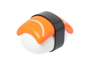 Cartoonish orange and white sushi roll with a black band is placed on a white background