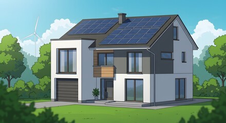 Obraz premium Modern Sustainable Home Design with Solar Panels Eco-Friendly House Illustration