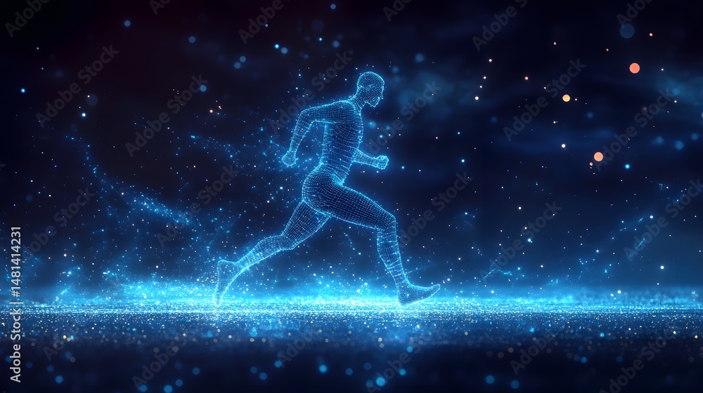 Aufkleber Dynamic digital runner! Wireframe human figure strides powerfully across a glowing blue particle field, embodying speed and modern technology. Abstract wireframe in dark blue.