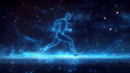 Fototapeta premium Dynamic digital runner! Wireframe human figure strides powerfully across a glowing blue particle field, embodying speed and modern technology. Abstract wireframe in dark blue.