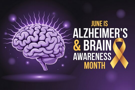 June is alzheimer's and brain awareness month with brain and ribbon graphic on dark purple background