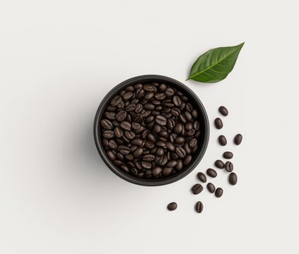 Dark roasted coffee beans in a bowl, with a green leaf. Aromatic, fresh, and ready to brew - Powered by Adobe