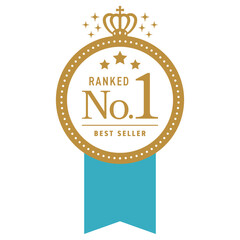王冠とリボンのついたプレミアムランキングバッジ【金と青】/ No.1	
