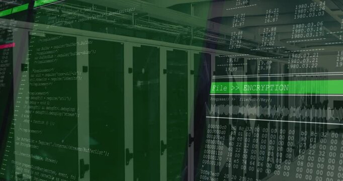 Server cabinets lining narrow corridor, showing code overlay and running encryption progress bar