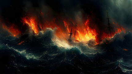 Fototapeta premium Burning ships in stormy sea dramatic night scene