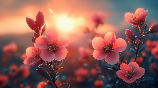 Beautiful flowers in the sun, with pink and red colors, cinematic lighting, a sunset scene, depth of field