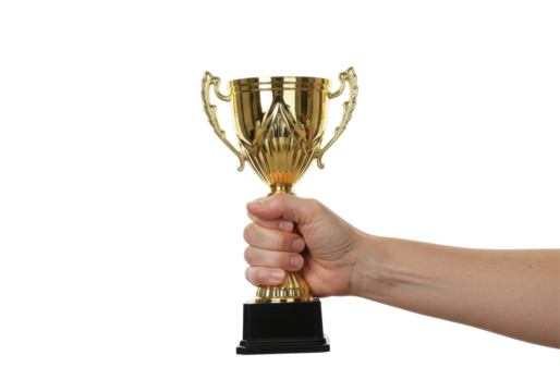 Hands Holding Trophy Isolated on Transparent PNG Background – Symbol of Victory, Success, and Achievement for Sports, Business, Awards, Competitions, and Motivational Design or Branding Projects
