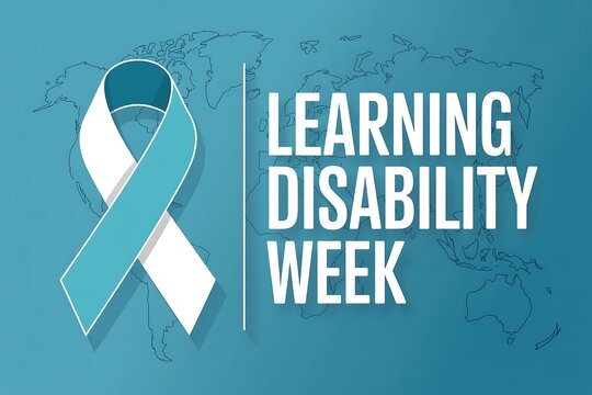 Learning disability week banner with ribbon and map background in teal and white colorscheme