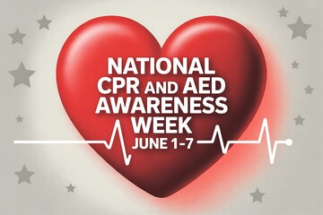 National cpr and aed awareness week with red heart and heartbeat line on a light grey background