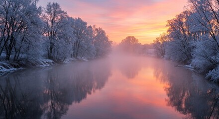 Obraz premium River at Sunrise with Hoar Frost Covered Trees Reflecting in Calm Water