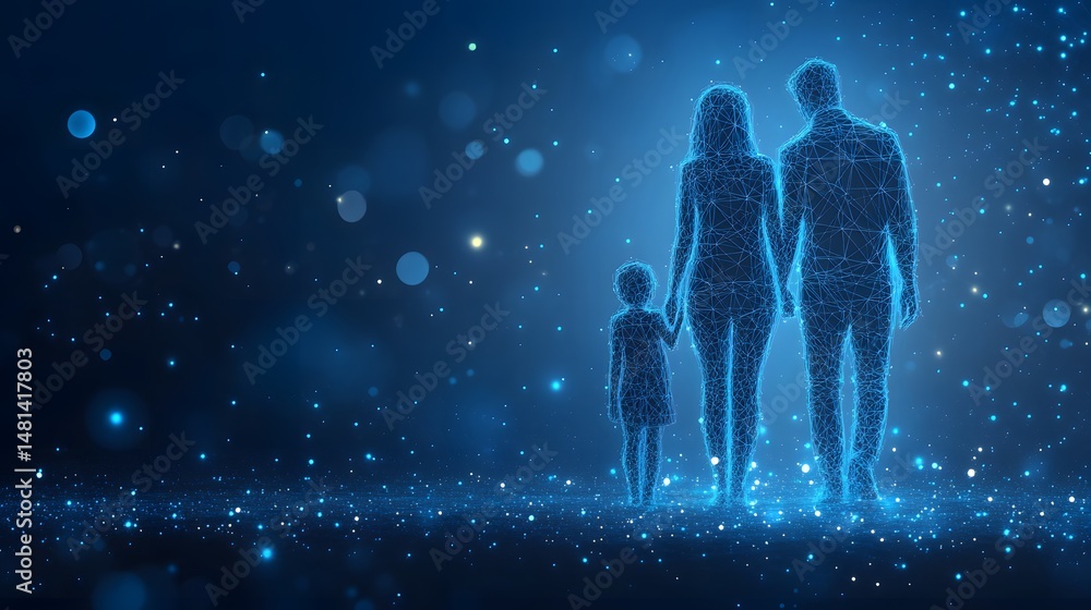 Leinwandbilder Futuristic family of three holding hands, rendered in glowing blue wireframe on a particle surface. Evokes unity and a digital age family concept. Abstract wireframe in dark blue.