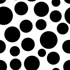 Black and white flat design Simple abstract geometric polka dot pattern, seamless pattern Large black chaotic circles, polka dots, confetti, round shapes, discs on white background